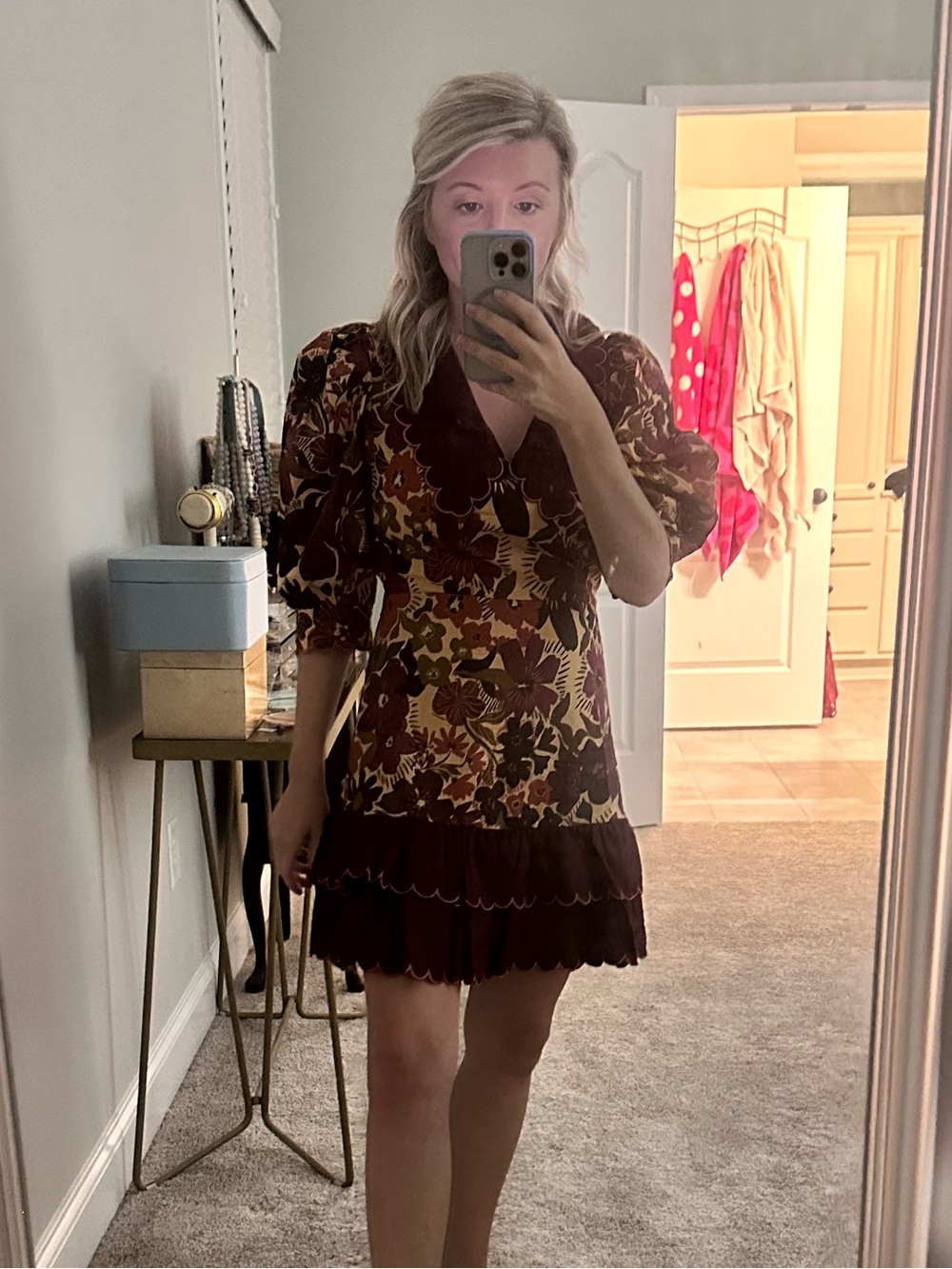 Shop Avara V-Neck Puff Sleeve Mini Dress in Burgundy XS